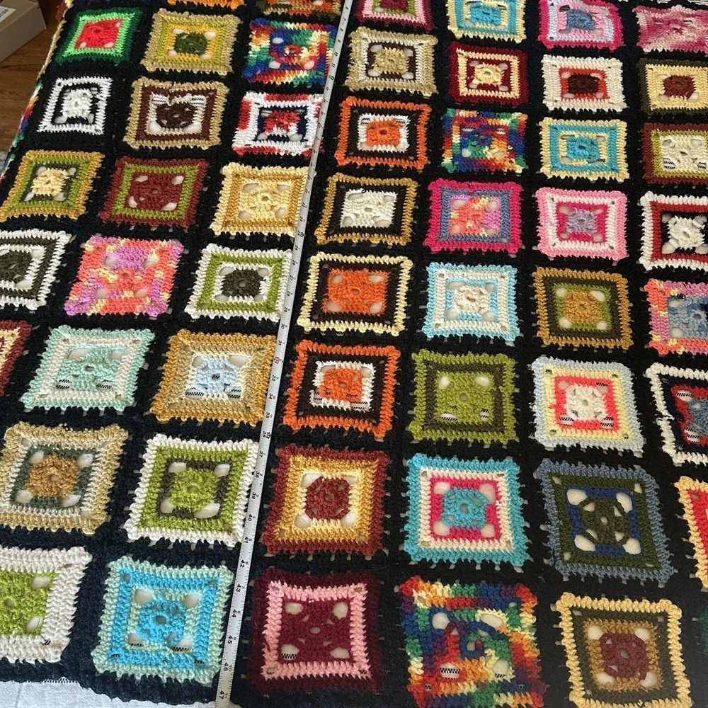 VTG Crochet Granny Square Roseanne Black Multicolor Afghan Throw Blanket 70